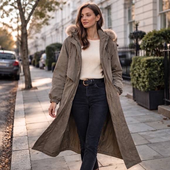 FLEET STREET Jackets & Blazers - Fleet Street Long Taupe-Gray Hooded Coat with Faux-Fur Trim Size Small